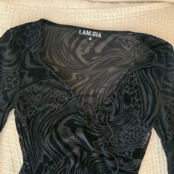 I.AM.GIA Amina Black Sheer Animal Print Lace Up Mini Dress Flare Sleeve Small - Picture 7 of 10